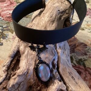 Goth Black Leather Choker Necklace w/ Black Bat Multicolored Crystal Pendant